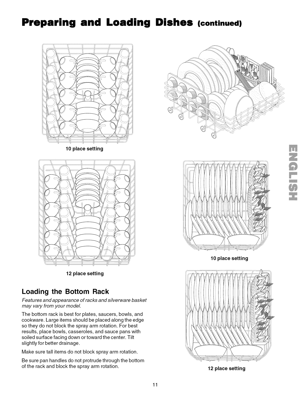 Kenmore 587.1824, 587.1623 manual Preparing and Loading Dishes, Loading the Bottom Rack, Place setting 