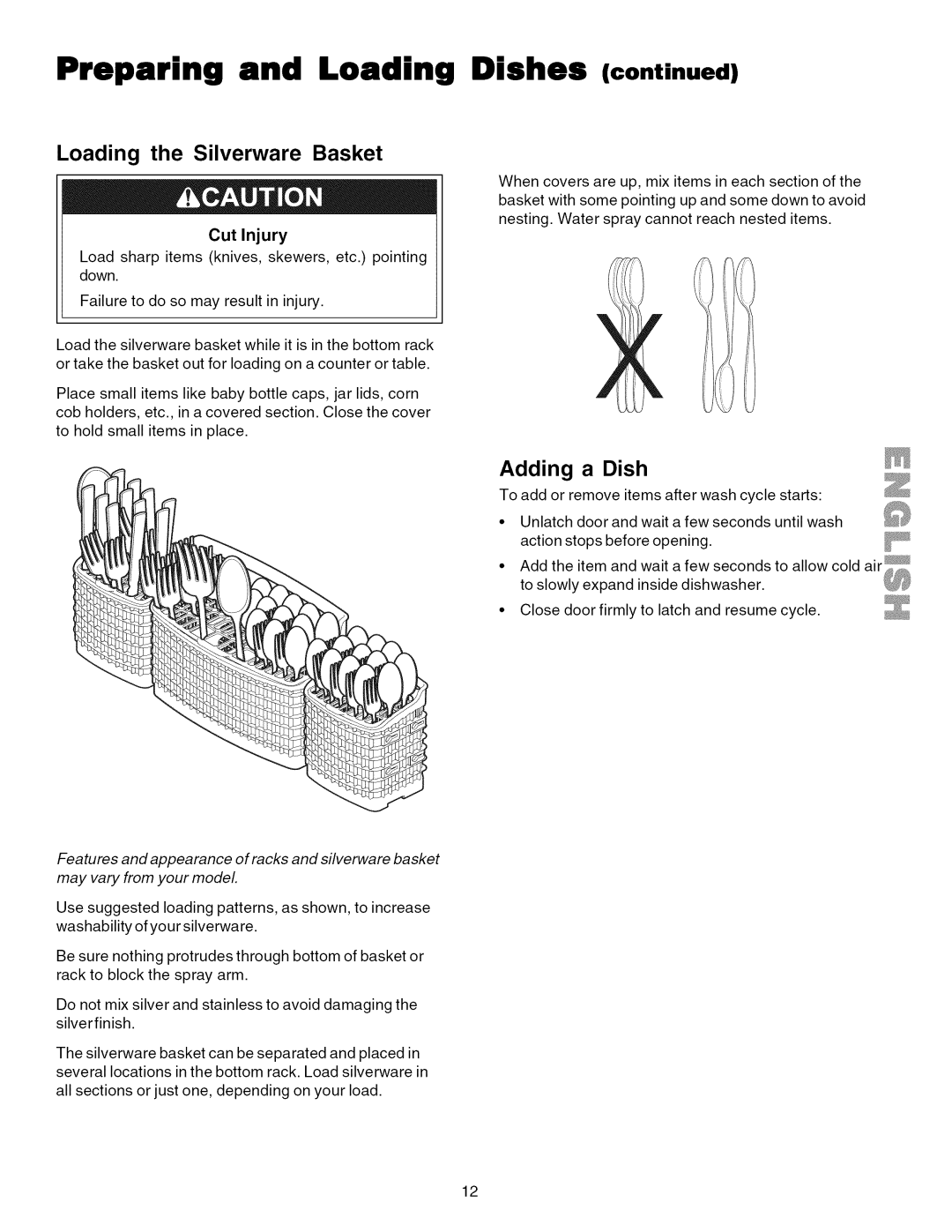 Kenmore 587.1623, 587.1824 manual Loading the Silverware Basket, Dishes, Adding a Dish, Cut Injury 