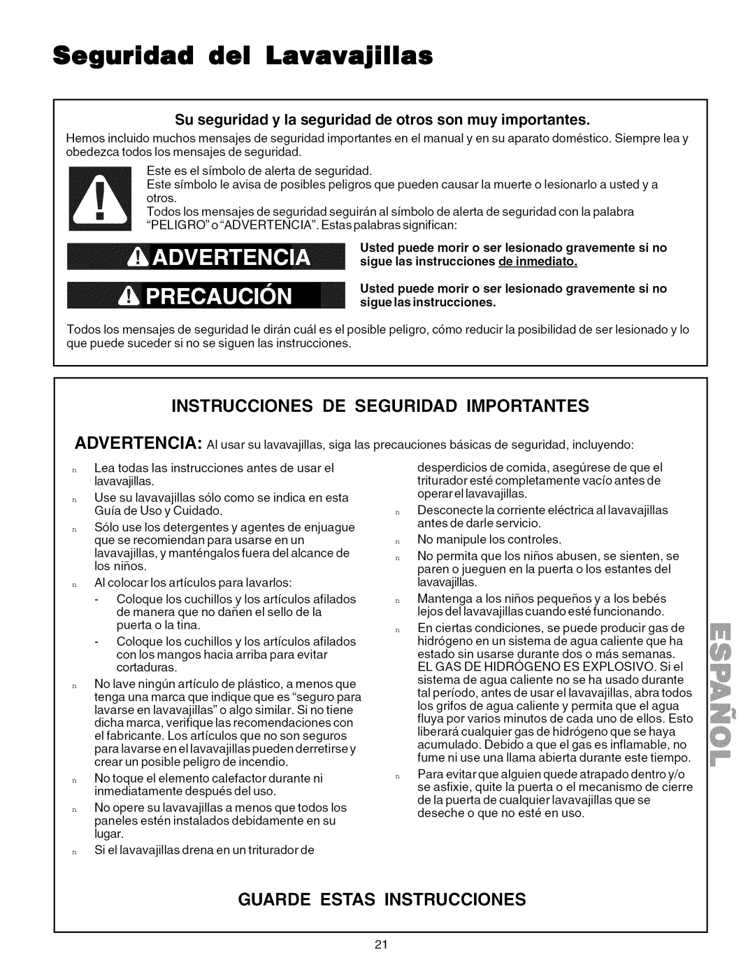 Kenmore 587.1824, 587.1623 manual Seguridad del Lavavajillas, Su seguridad y la seguridad de otros son muy importantes 