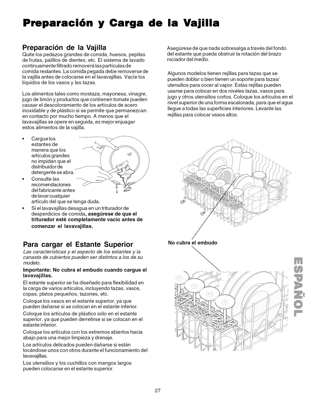 Kenmore 587.1824, 587.1623 Preparaci6n y Carga de la Vajilla, Preparacion de la Vajilla, Para cargar el Estante Superior 