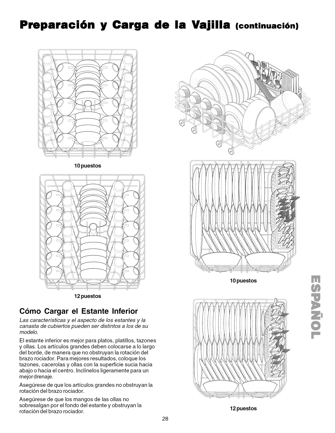 Kenmore 587.1623, 587.1824 manual Preparaci6n y Carga de la Vajilla continuaci6n, Como Cargar el Estante Inferior, Puestos 