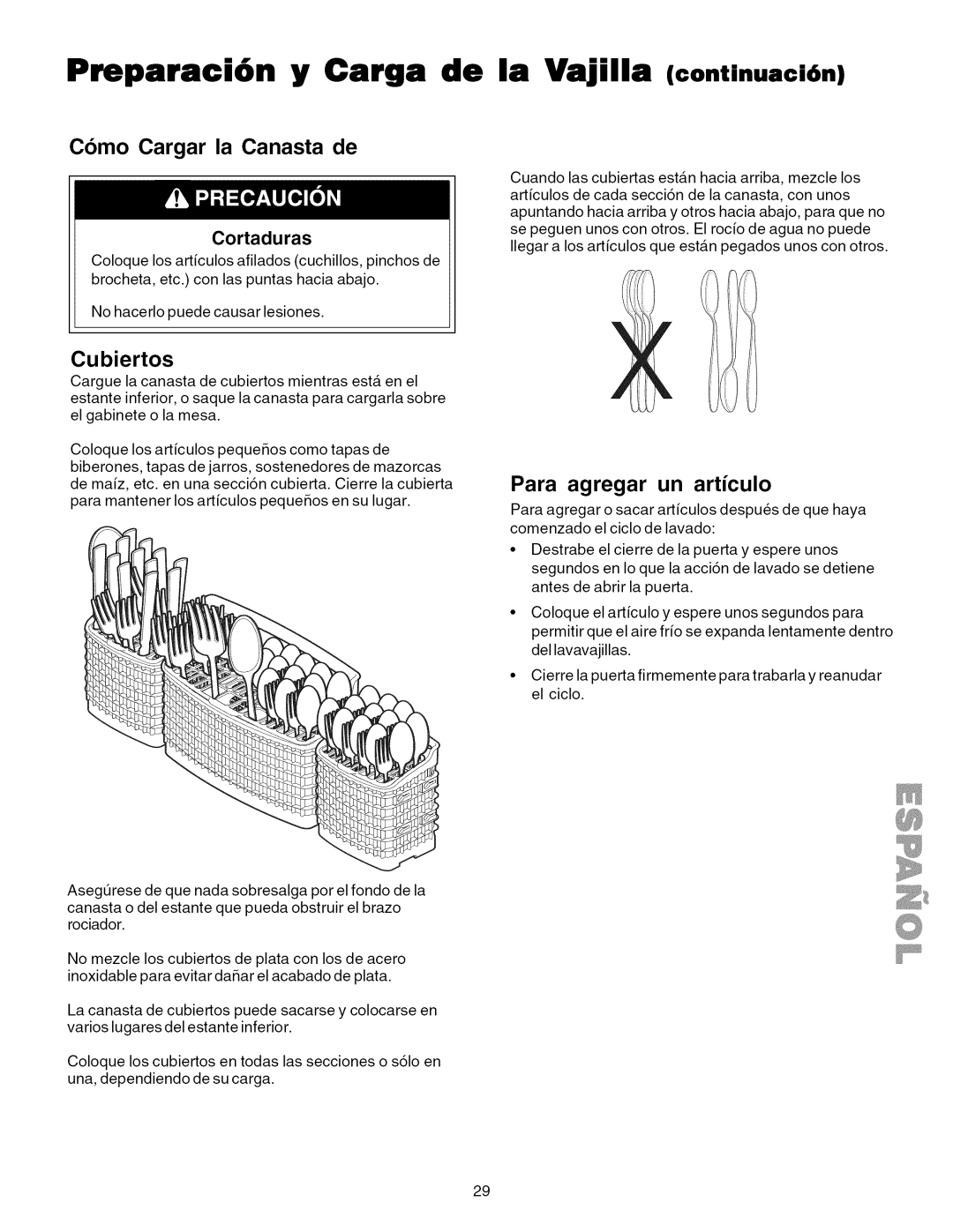 Kenmore 587.1824, 587.1623 manual Preparaci6n y Carga de, Como Cargar la Canasta de, Cubiertos, La Vajilla continuaci6n 