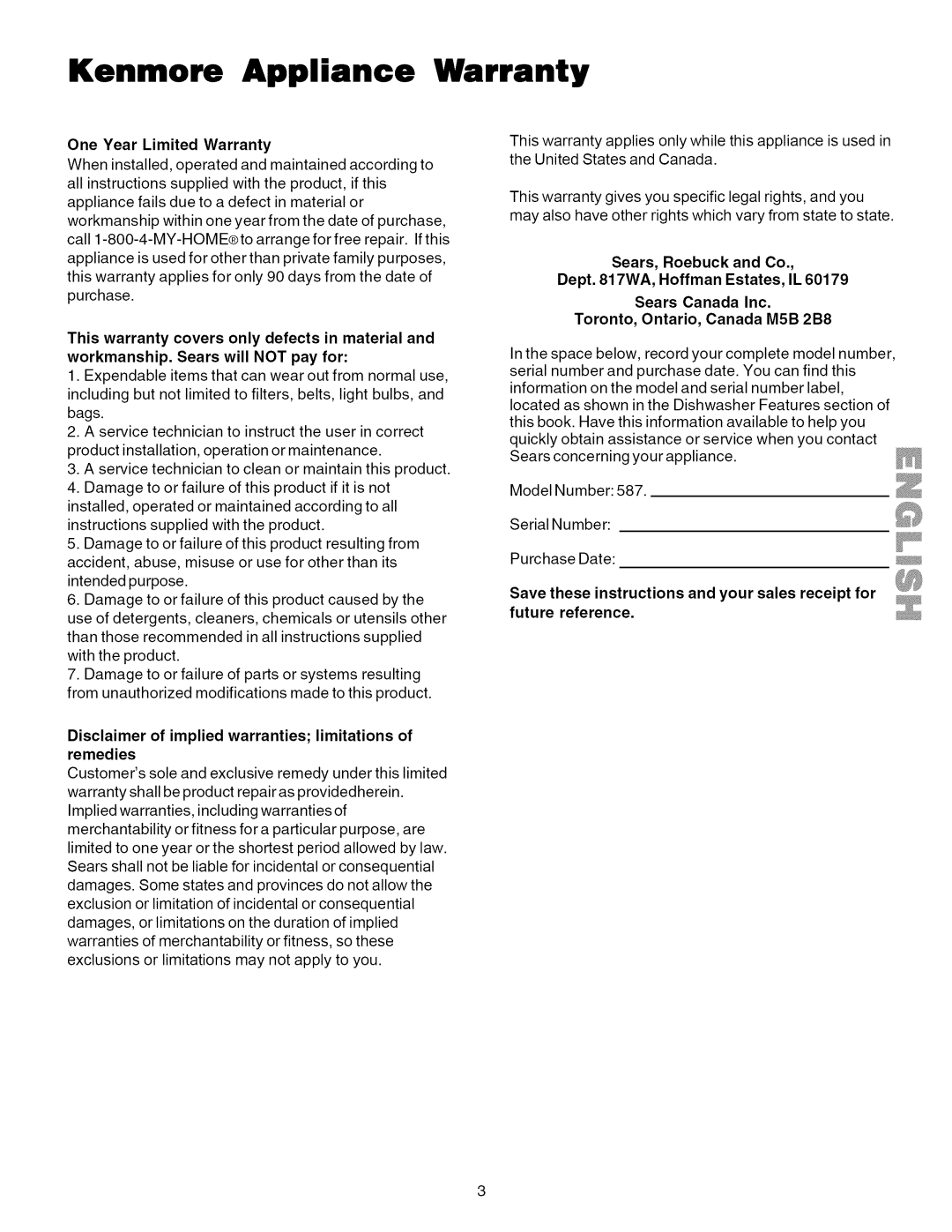 Kenmore 587.1824, 587.1623 manual Kenmore Appliance Warranty, Disclaimer of implied warranties limitations of remedies 