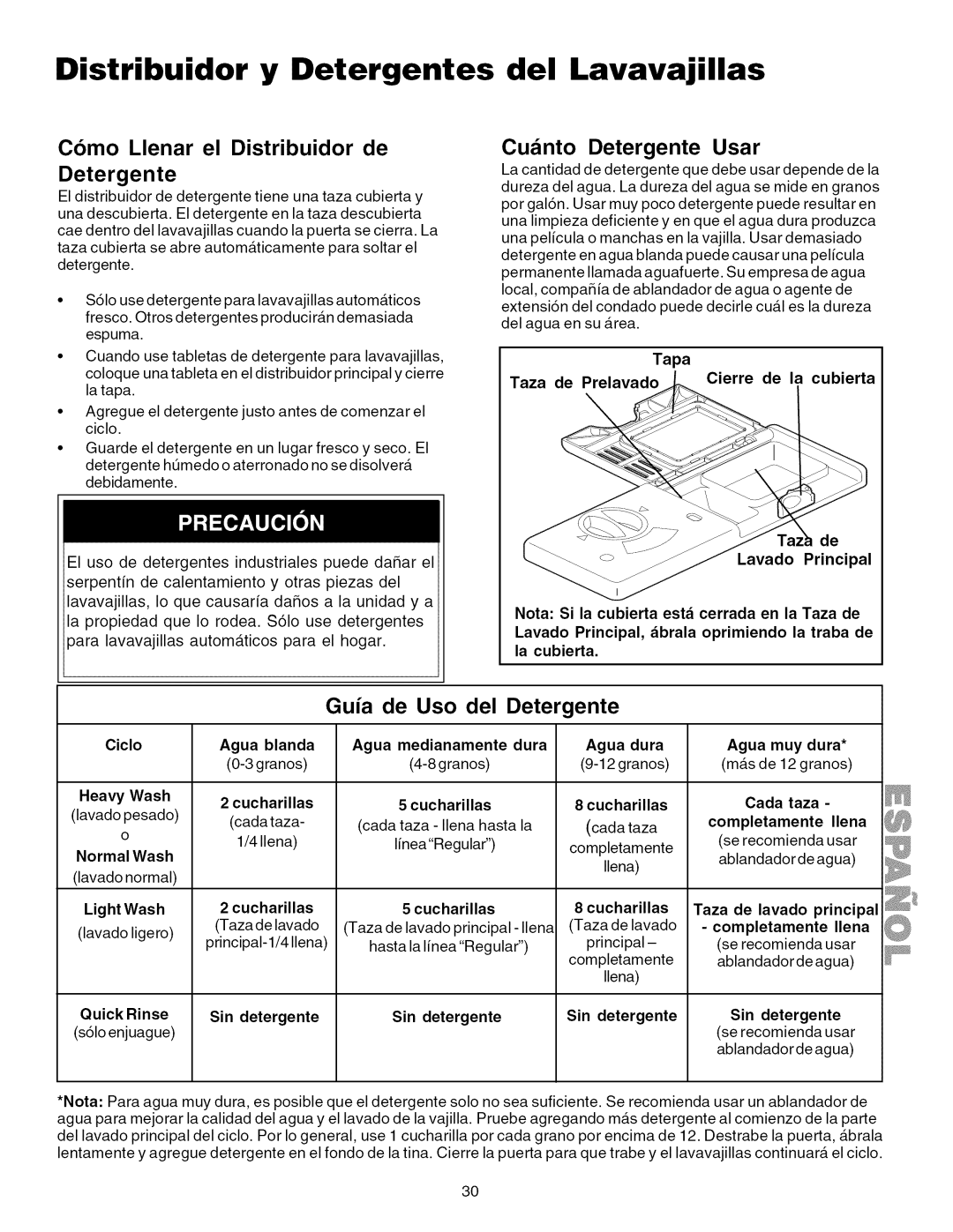 Kenmore 587.1623, 587.1824 manual Distribuidor y Detergentes, Del Lavavajillas, Cuanto Detergente Usar 