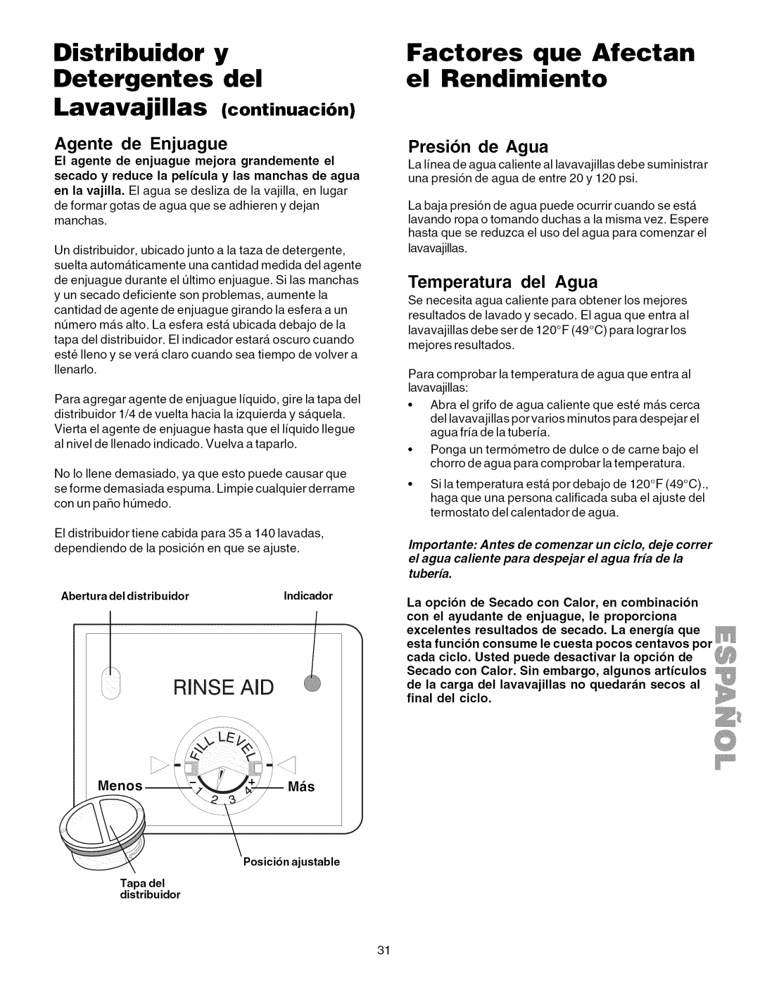 Kenmore 587.1824, 587.1623 manual Factores que Afectan el Rendimiento, Distribuidor y Detergentes del, Presion de Agua 