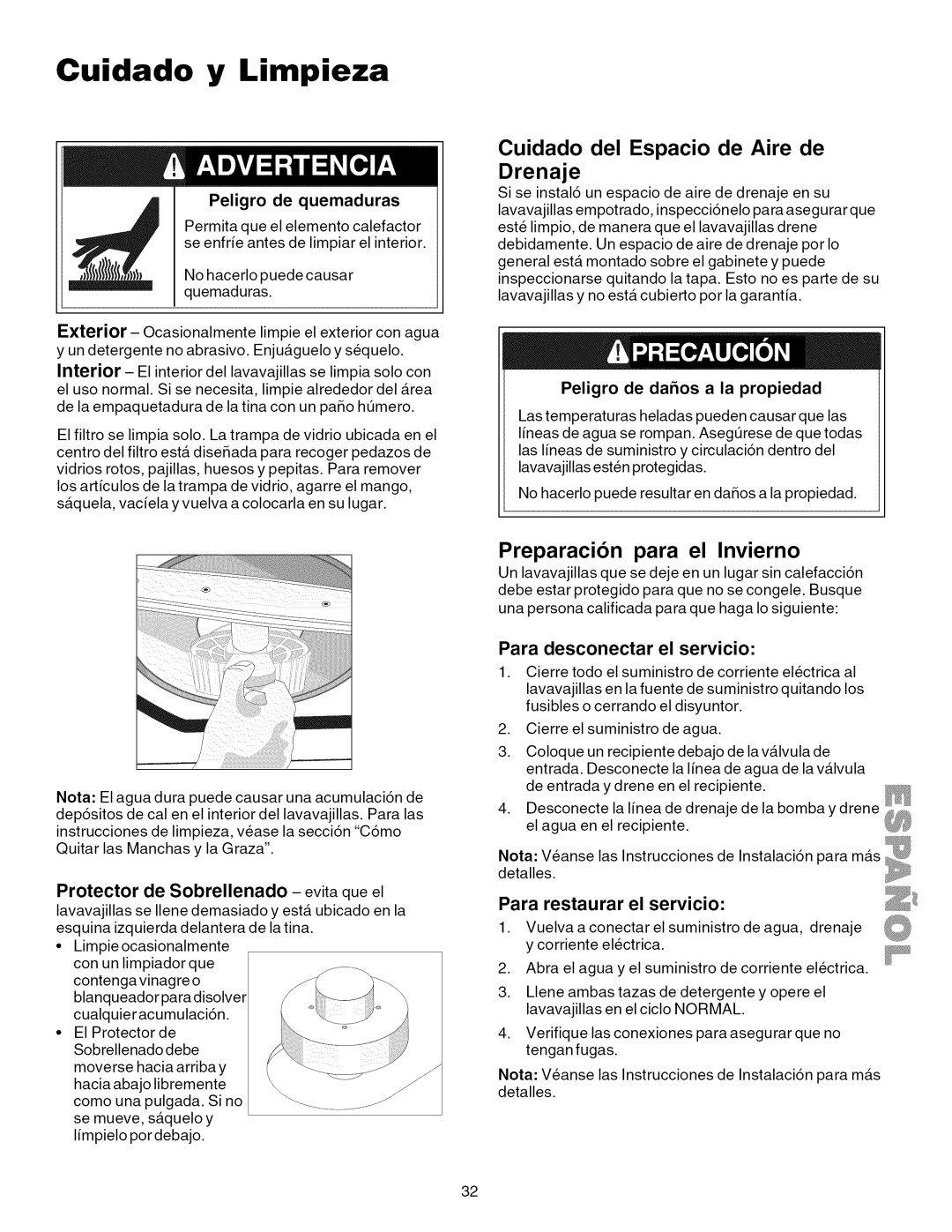 Kenmore 587.1623, 587.1824 manual Cuidado y Limpieza, Preparacion para el Invierno, Cuidado del Espacio de Aire de Drenaje 