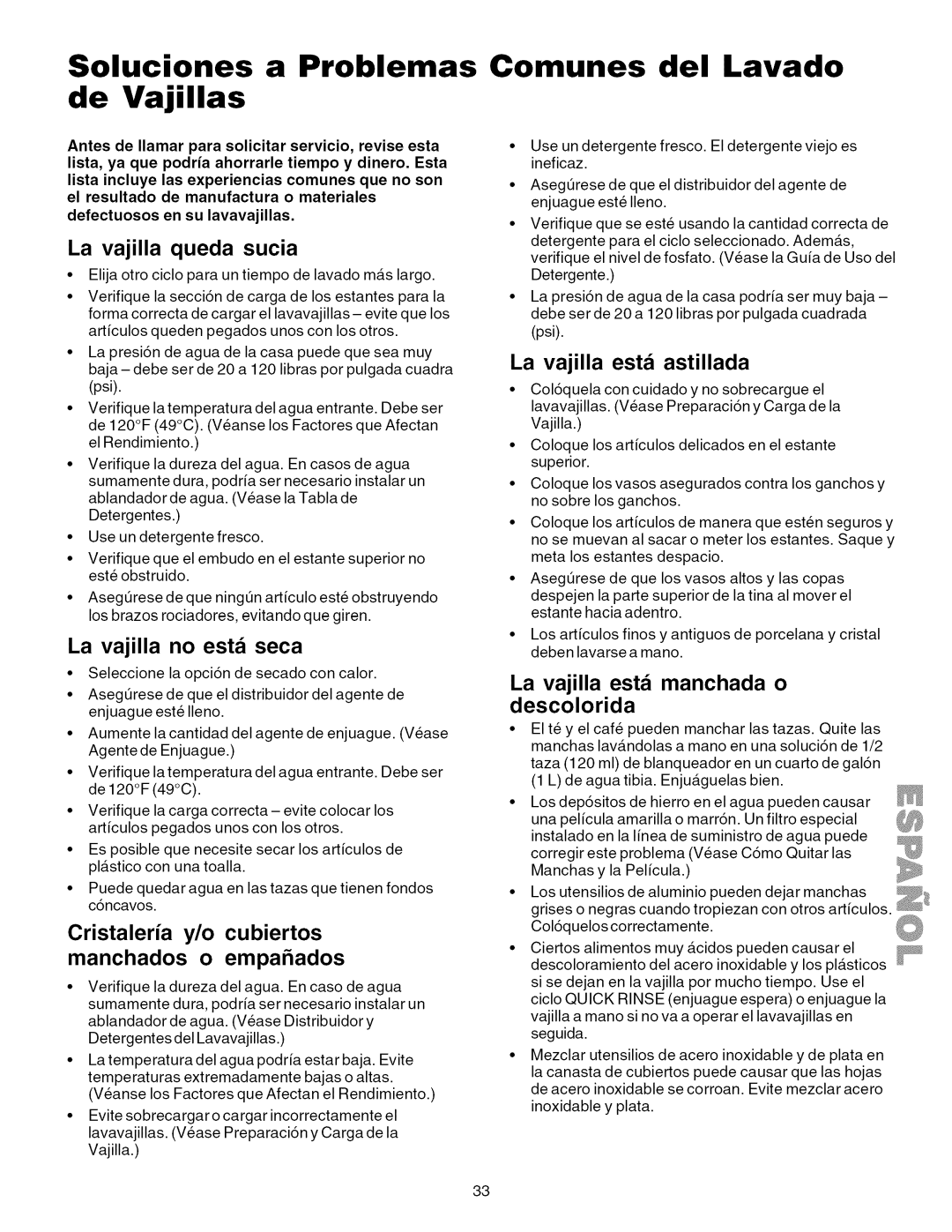 Kenmore 587.1824 Soluciones Problemas de Vajillas, Comunes del Lavado, Cristaleria y/o cubiertos manchados o empahados 