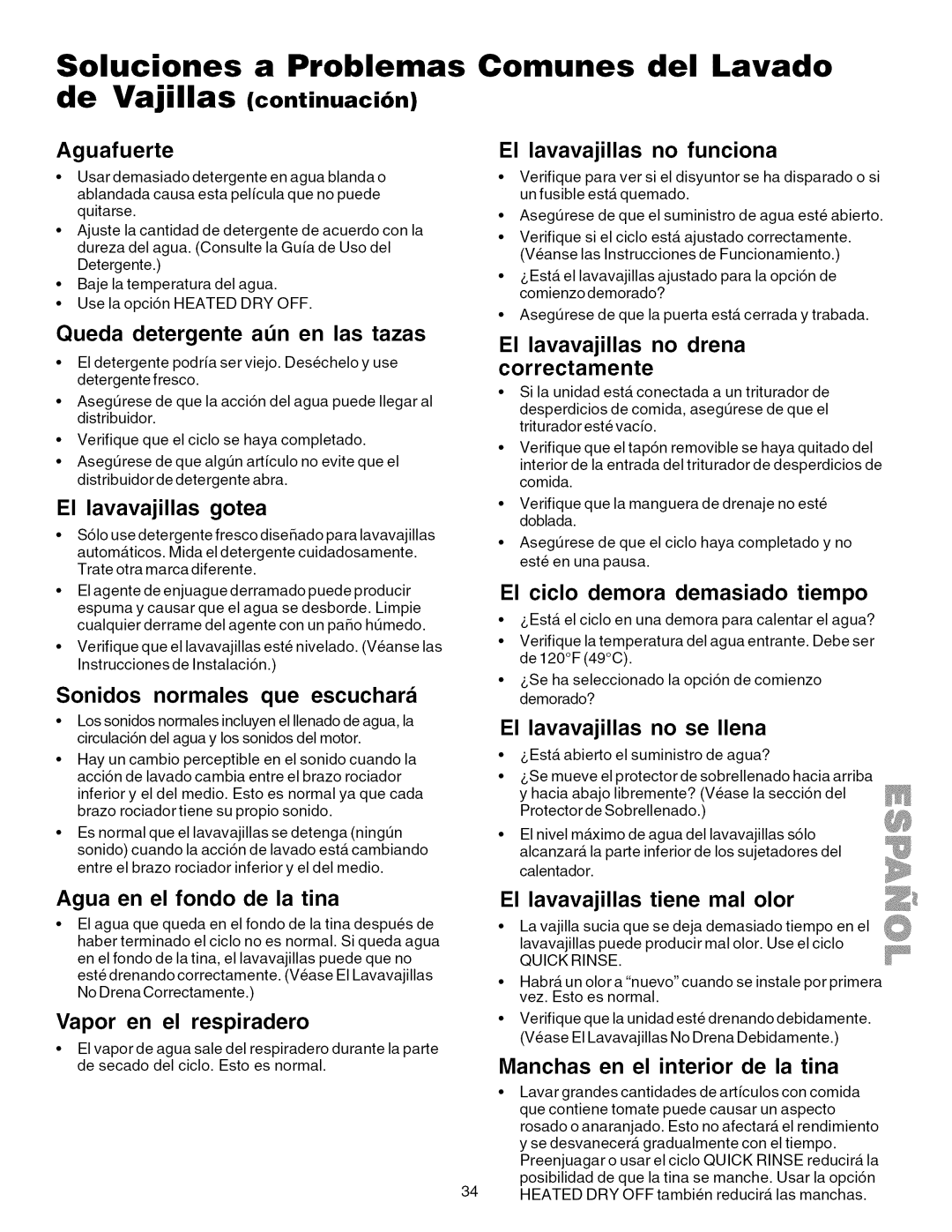 Kenmore 587.1623 Soluciones Problemas, Comunes del Lavado, Queda detergente atn en las tazas, Vapor en el respiradero 