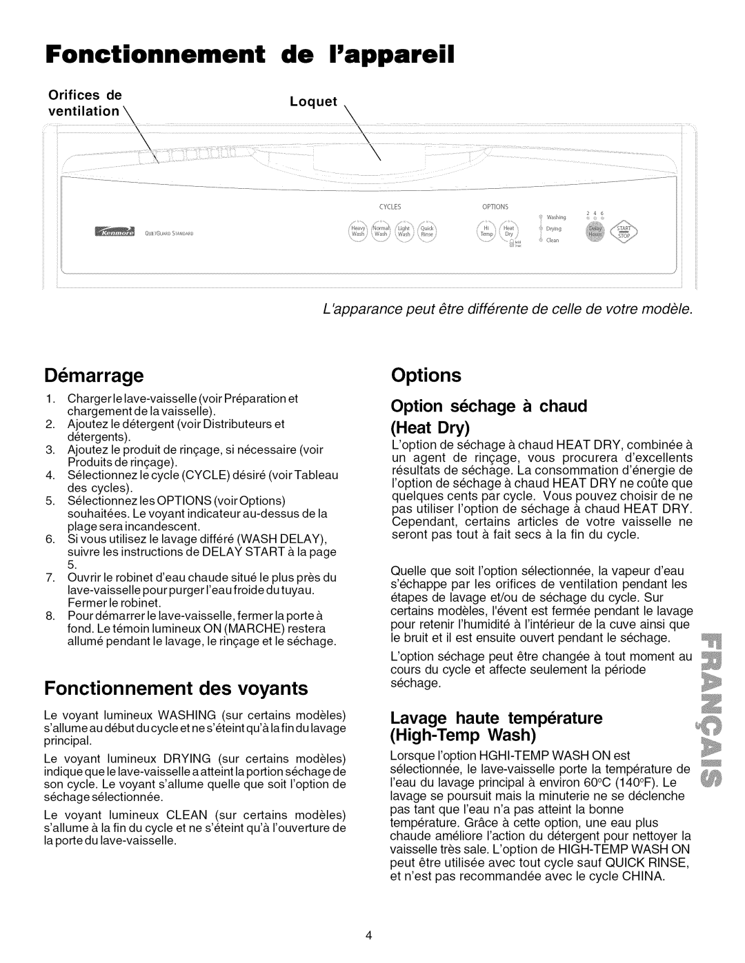 Kenmore 587.1623 Fonctionnement de Iappareil, Heat Dry, High-Temp Wash, Option sechage a chaud, Lavage haute temperature 