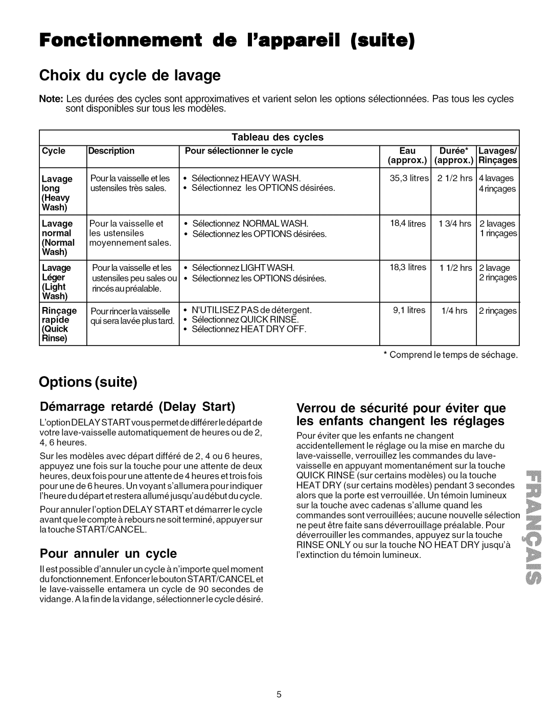 Kenmore 587.1824, 587.1623 manual Fonctionnement de Iappareil suite, Demarrage retarde Delay Start, Pour annuler un cycle 