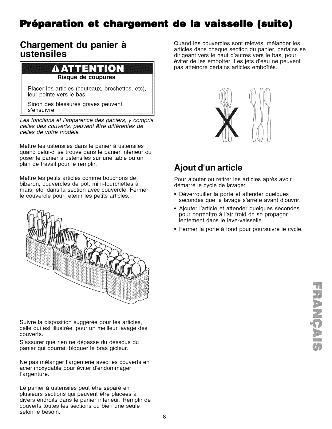 Kenmore 587.1623, 587.1824 manual De la vaisselle suite, Risque de coupures 