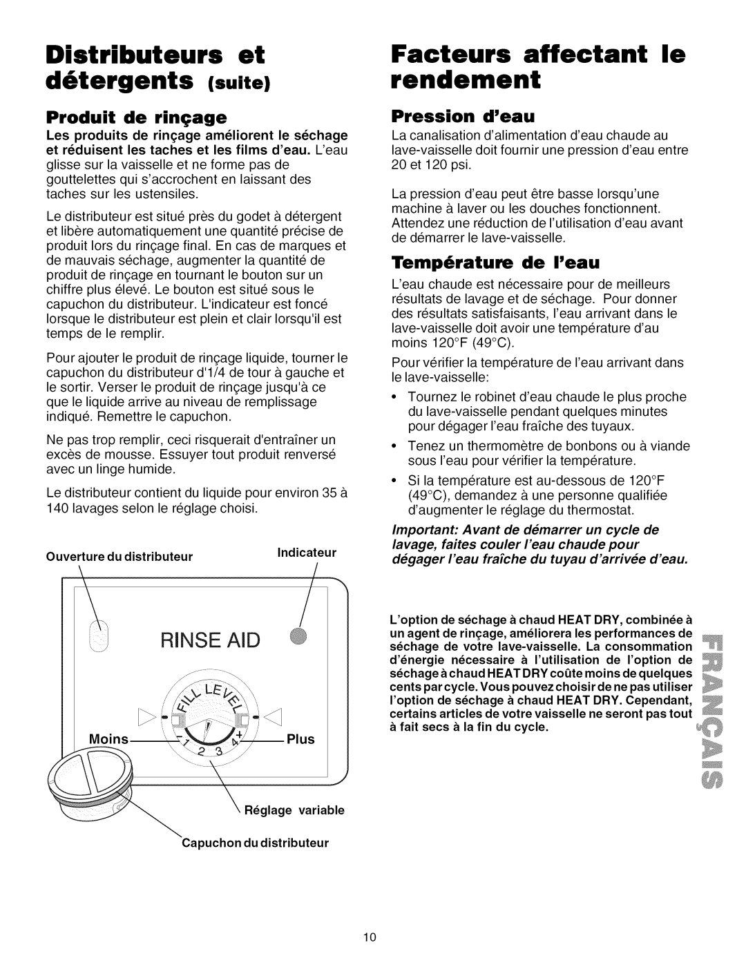 Kenmore 587.1623 Distributeurs et D6tergents suite, Facteurs affectant le rendement, Produit de ringage, Pression deau 