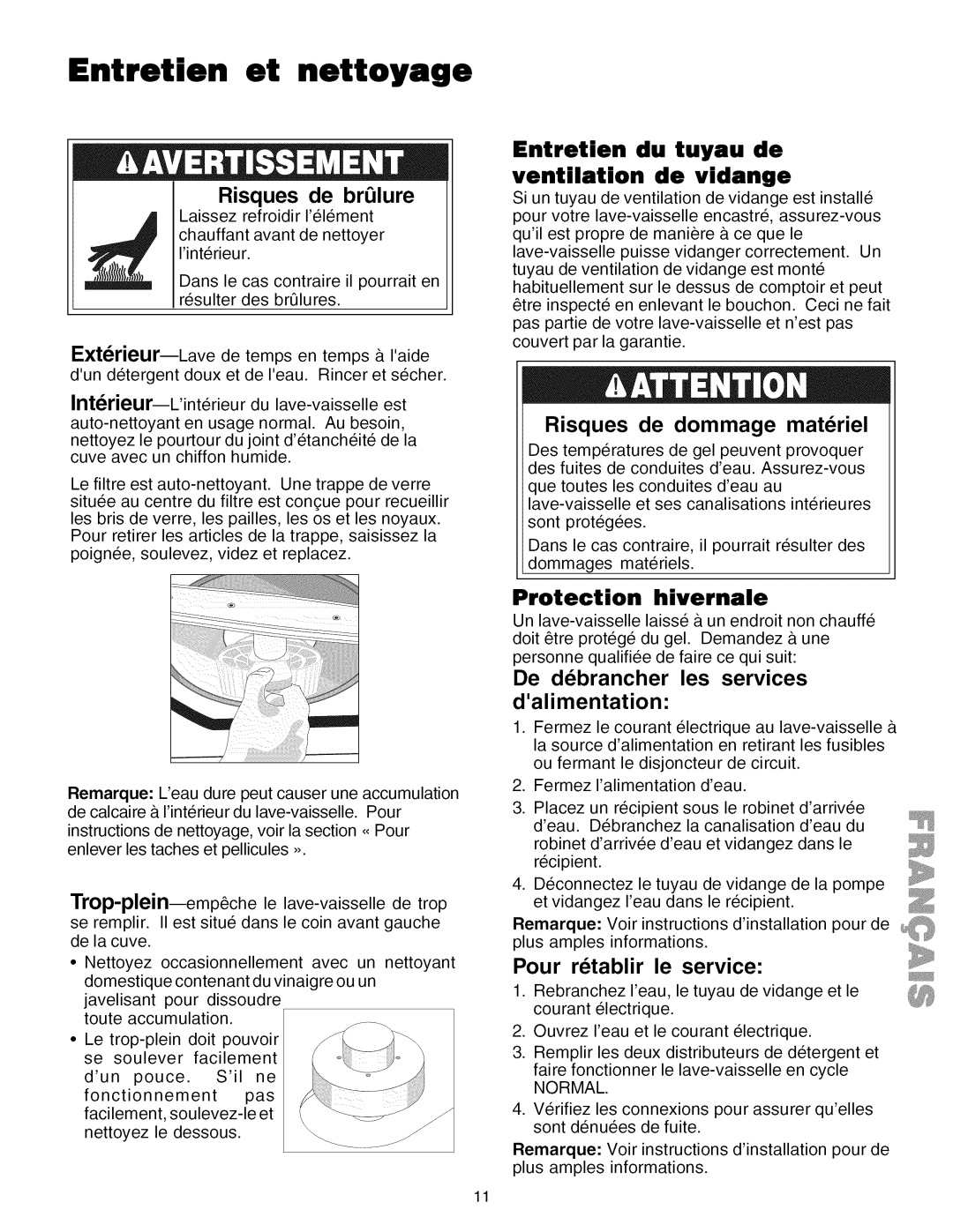 Kenmore 587.1824, 587.1623 manual Entretien et nettoyage, Entretien du tuyau de Ventilation de vidange, Risques de brOlure 