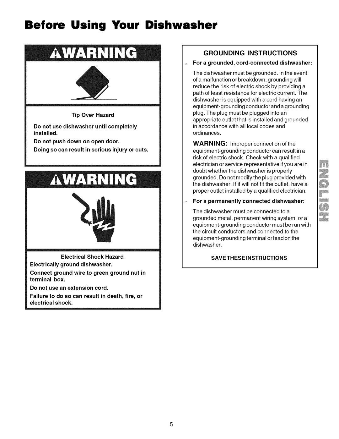 Kenmore 587.1824, 587.1623 manual Before Using Your Dishwasher, For a grounded, cord-connected dishwasher 