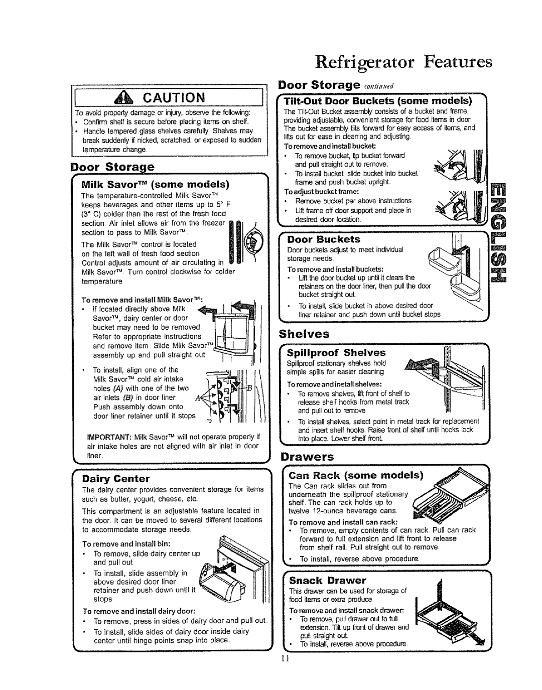 Kenmore 596.50019100 manual Refrigerator Features, Door Storage ,oatiaued, Shelves, Drawers 