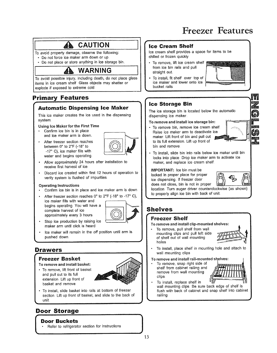 Kenmore 596.50019100 manual Freezer Features, Primary Features 