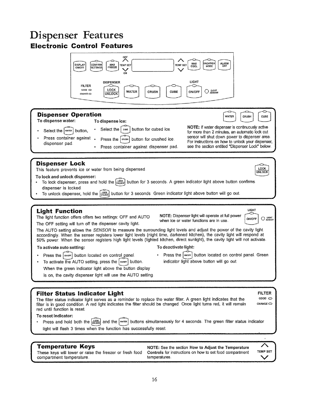 Kenmore 596.50019100 manual Electronic Control Features, Light Function, Temperature Keystemperatures 