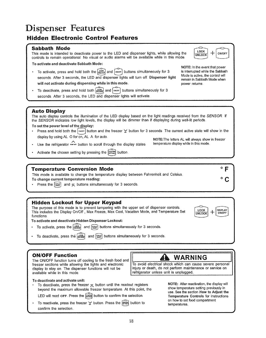 Kenmore 596.50019100 manual Hidden Electronic Control Features, Auto Display, Temperature Conversion Mode 