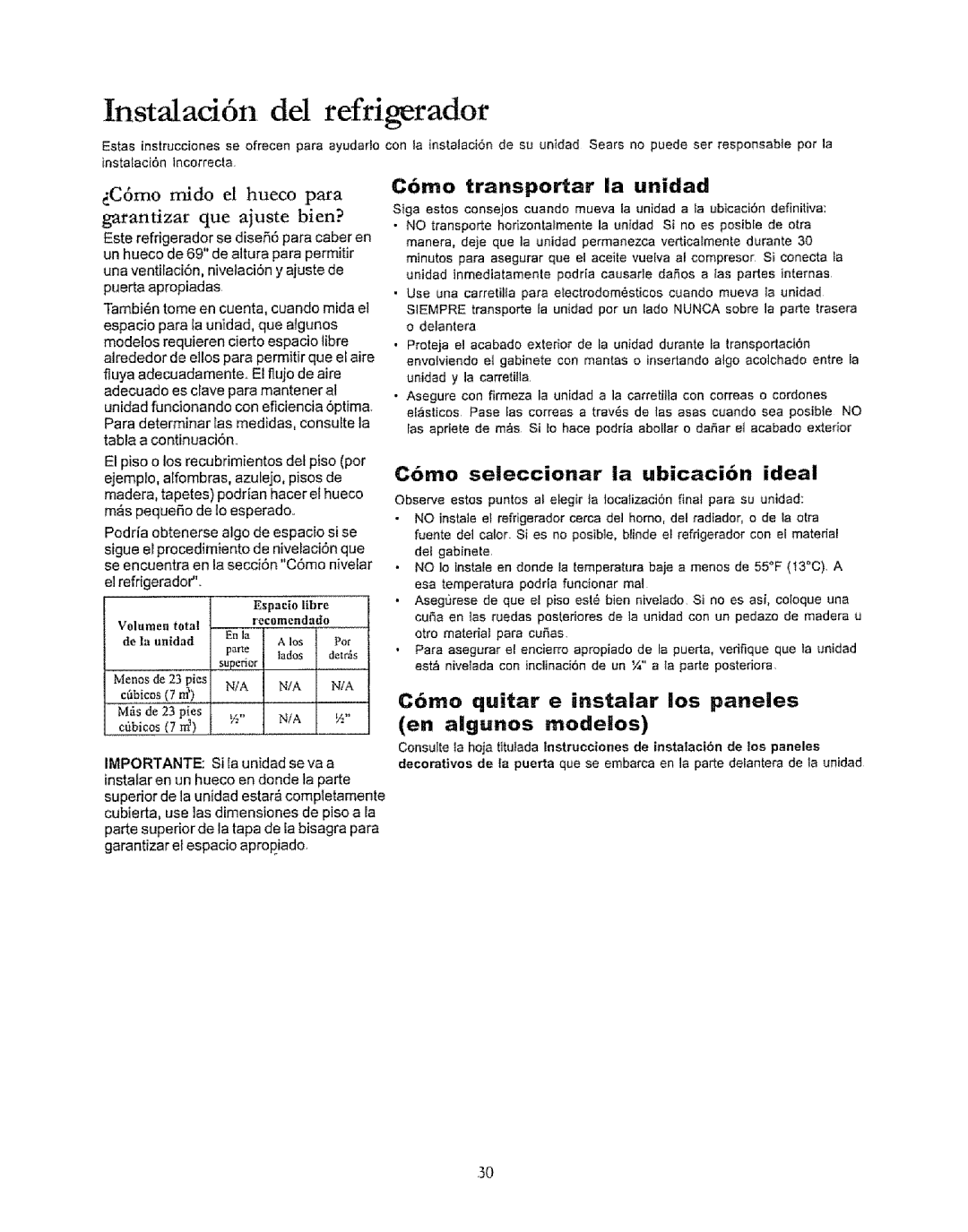 Kenmore 596.50019100 manual Instalad6n, del refrigerador, Cbmo transportar la unidad, Cbmo seleccionar la ubicacibn ideal 