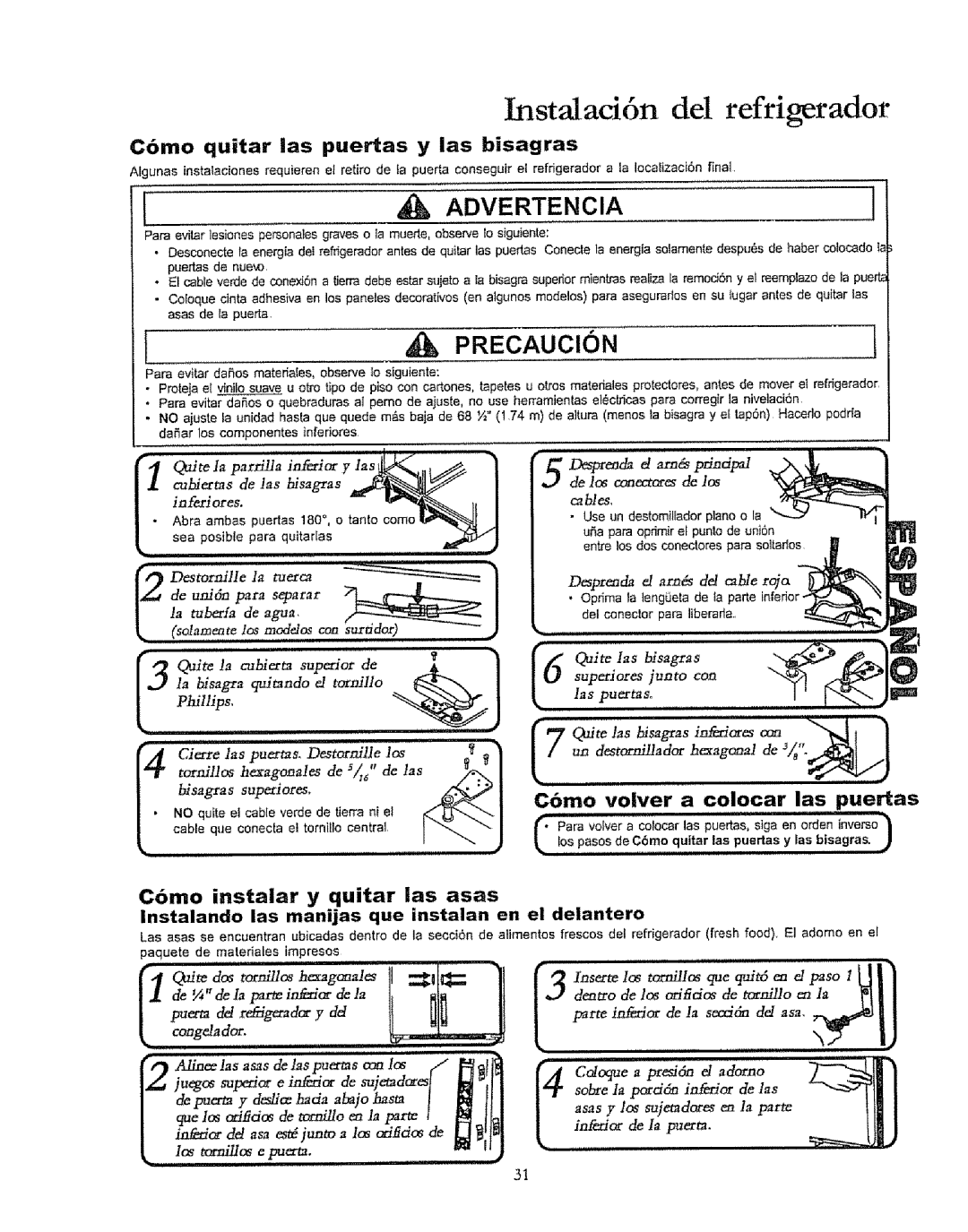 Kenmore 596.50019100 Instalad6n dd refrigerador, Cbmo quitar las puertas y las bisagras, C6mo volver a colocar las puertas 