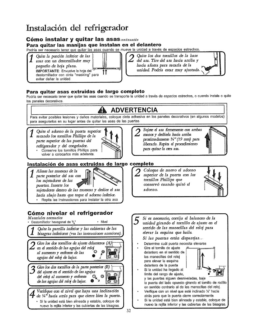 Kenmore 596.50019100 Del Refrigerador, Dehopla=, Cbmo instalar y quitar las asaso,,i,,,,.d6, Cbmo nivear el refrigerador 