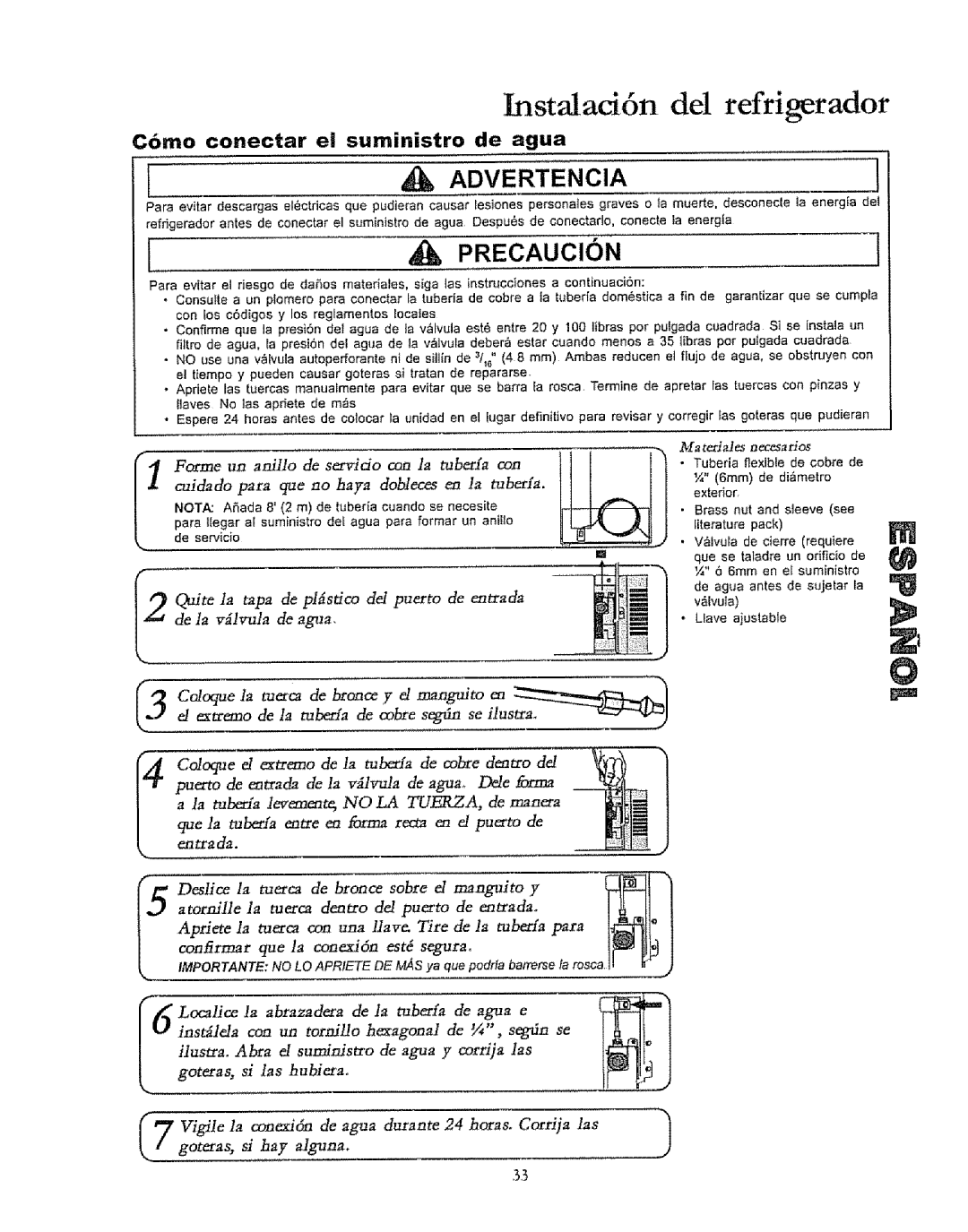 Kenmore 596.50019100 Instalaci6n Del refrlgerado, Como conectar el suministro de agua, Extremo de la m/xa de cobre se ilus 