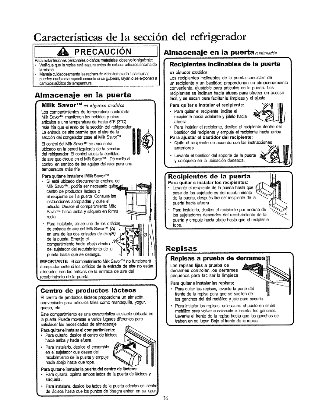 Kenmore 596.50019100 Caracteristicas de la secci6n, Del refrigerador, Almacenaje Puerta, Almacenaje en ia puerta0, Repisas 