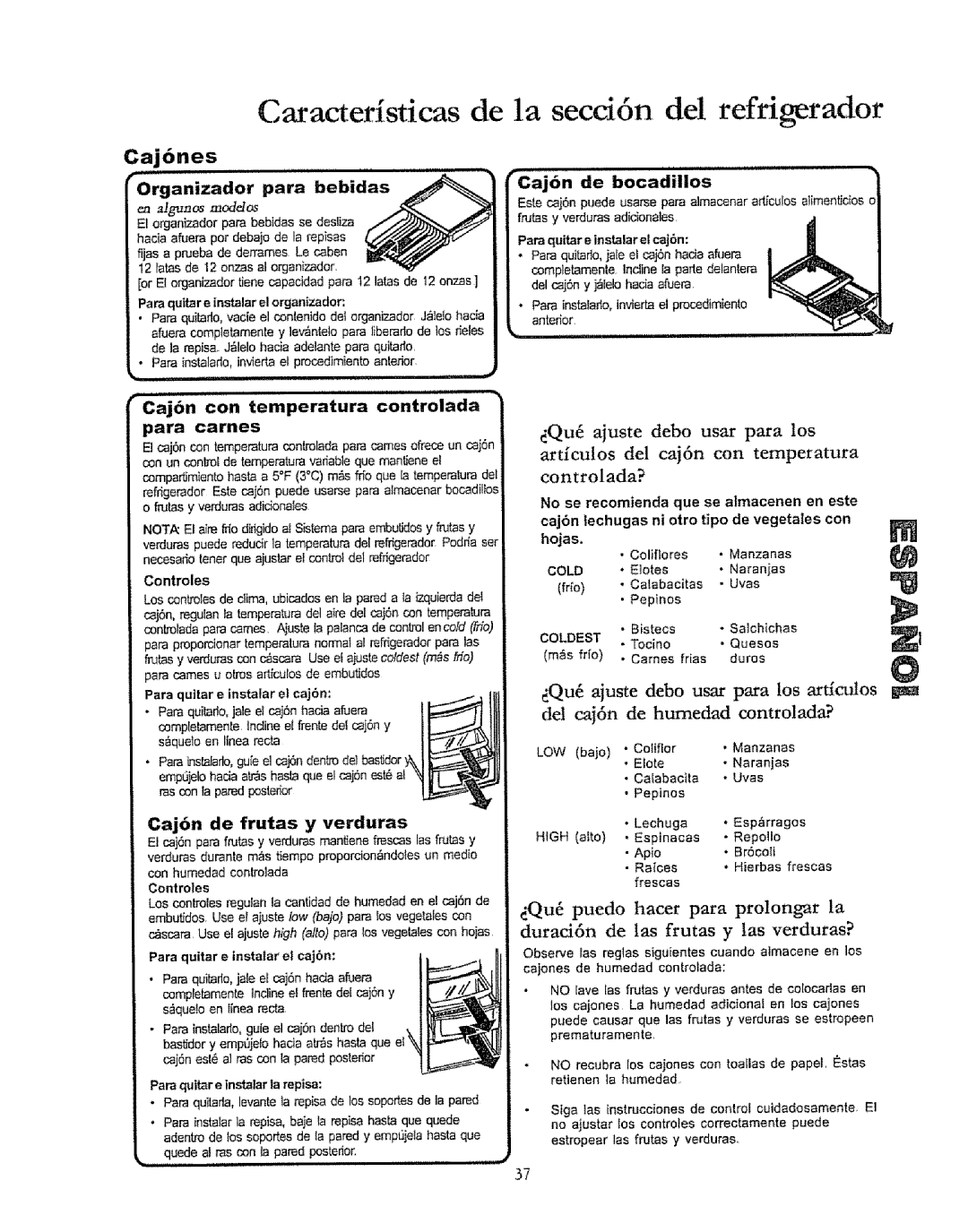 Kenmore 596.50019100 manual Caracteristicas de la secci6n del refrigerador, Cajones, Organizador Para Bebidas 