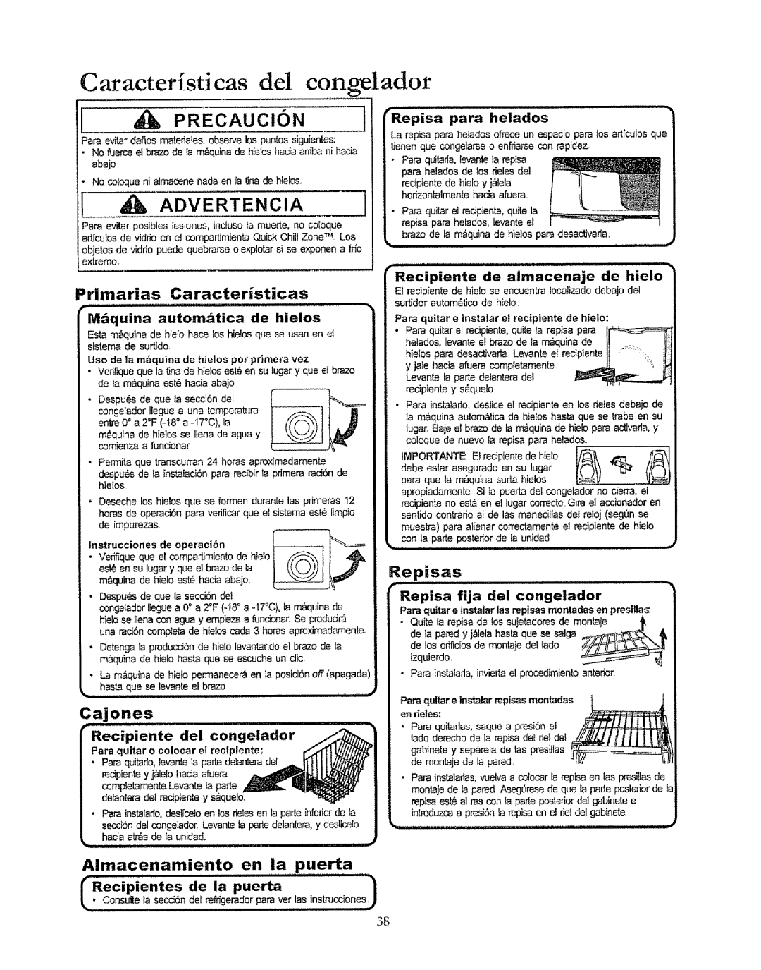 Kenmore 596.50019100 manual Caracteristicas del congelador, Primarias Caracteristicas, Repisa, Almacenamiento en la puerta 