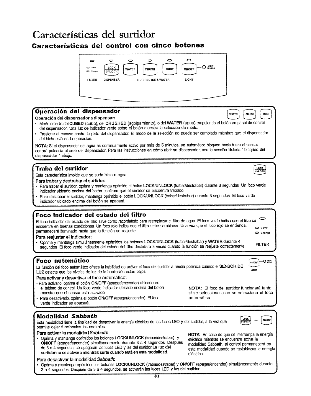 Kenmore 596.50019100 manual Caracteristicas del surtidor 