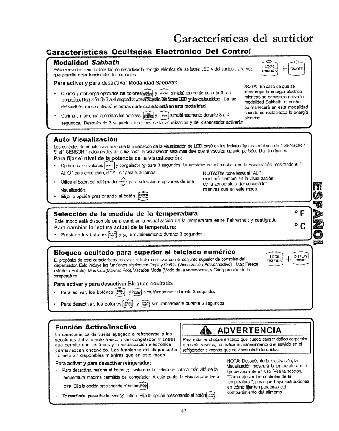 Kenmore 596.50019100 manual Caracteristicas Ocultadas Electr6nico Dei Control 