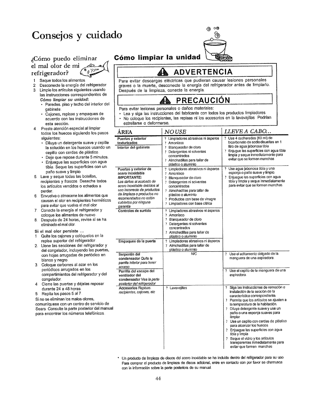 Kenmore 596.50019100 Consejos y cuidado, Cbmo limpiar la unidad, C6mo puedo e!iminar El real olor de mil Refrigerador? 