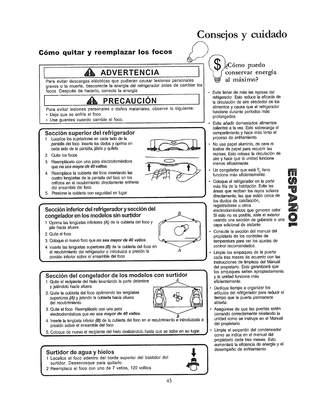 Kenmore 596.50019100 manual Consejos Cuidado, Cbmo Quitar Reempazar Los Feces, Puedo, Conservar Energia 