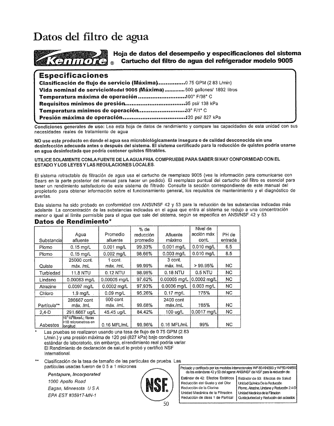 Kenmore 596.50019100 manual Datos del filtro de agua, Especificaciones, Datos de Rendimiento 