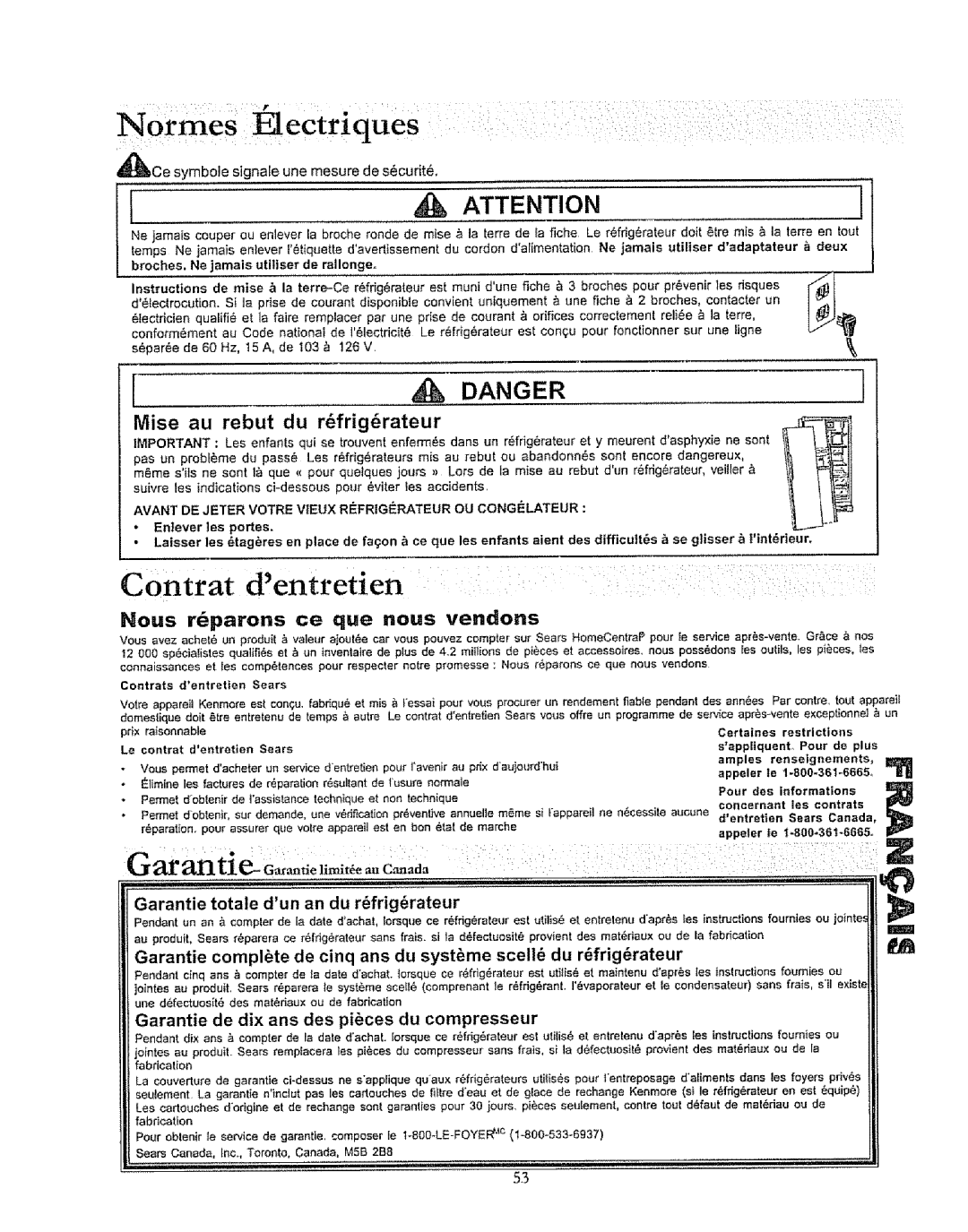 Kenmore 596.50019100 manual Contrat Dentretien, Nous r parons ce que nous vendons, Ce symbole signate une mesure de scurt 