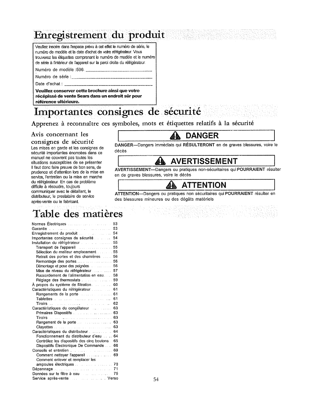 Kenmore 596.50019100 manual Des matibres, Les, Consignes de scurit, Tmportantes consignes de securite 