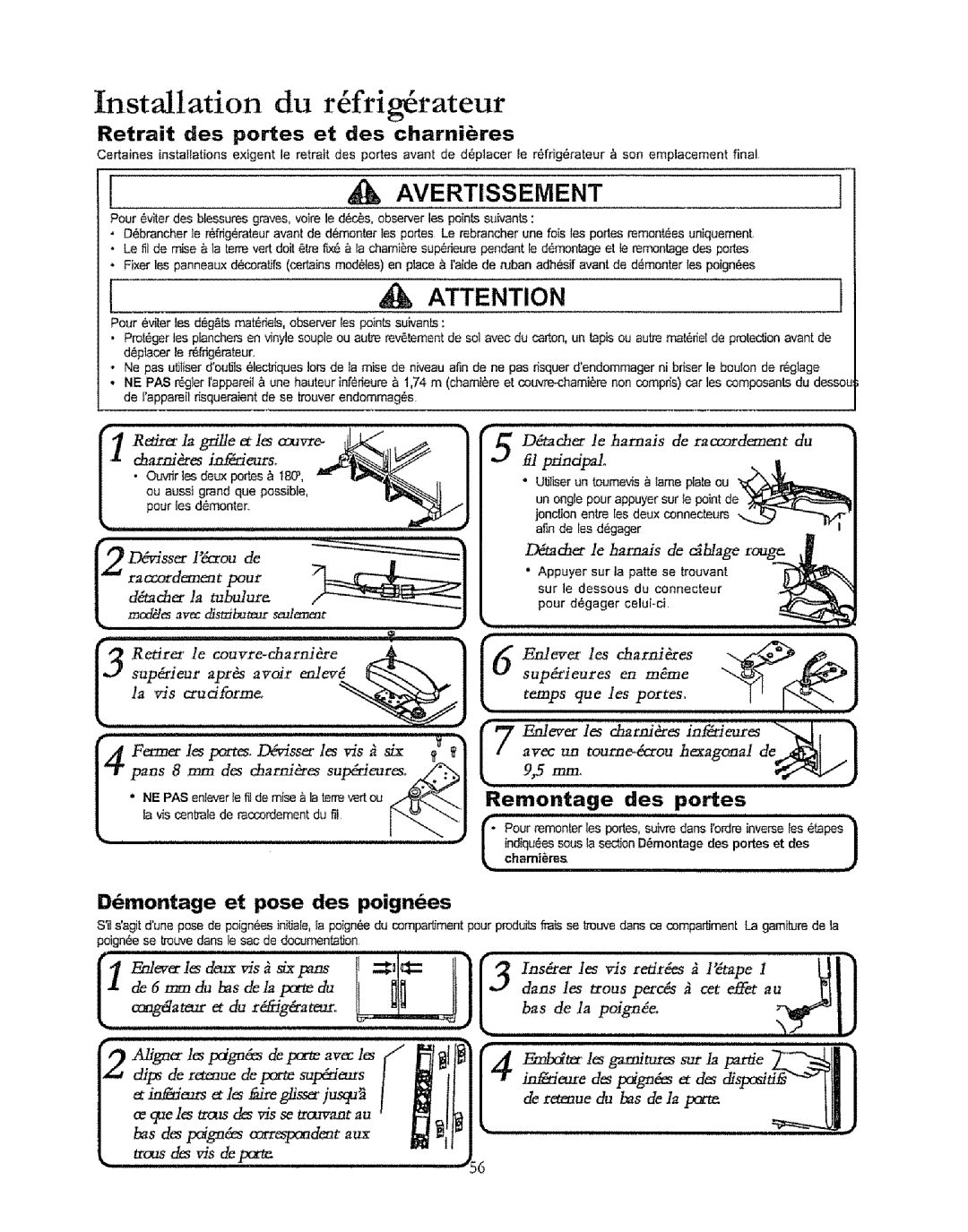 Kenmore 596.50019100 manual Installation du rfrig rateur, Retrait des portes et des charnieres, Des portes 