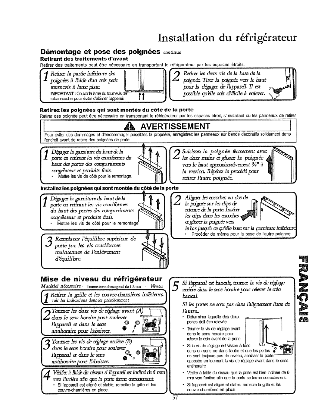 Kenmore 596.50019100 Installation du rfifrig rateur, Demontage et pose des poign6es o, Mise de niveau du r6frig6rateur 