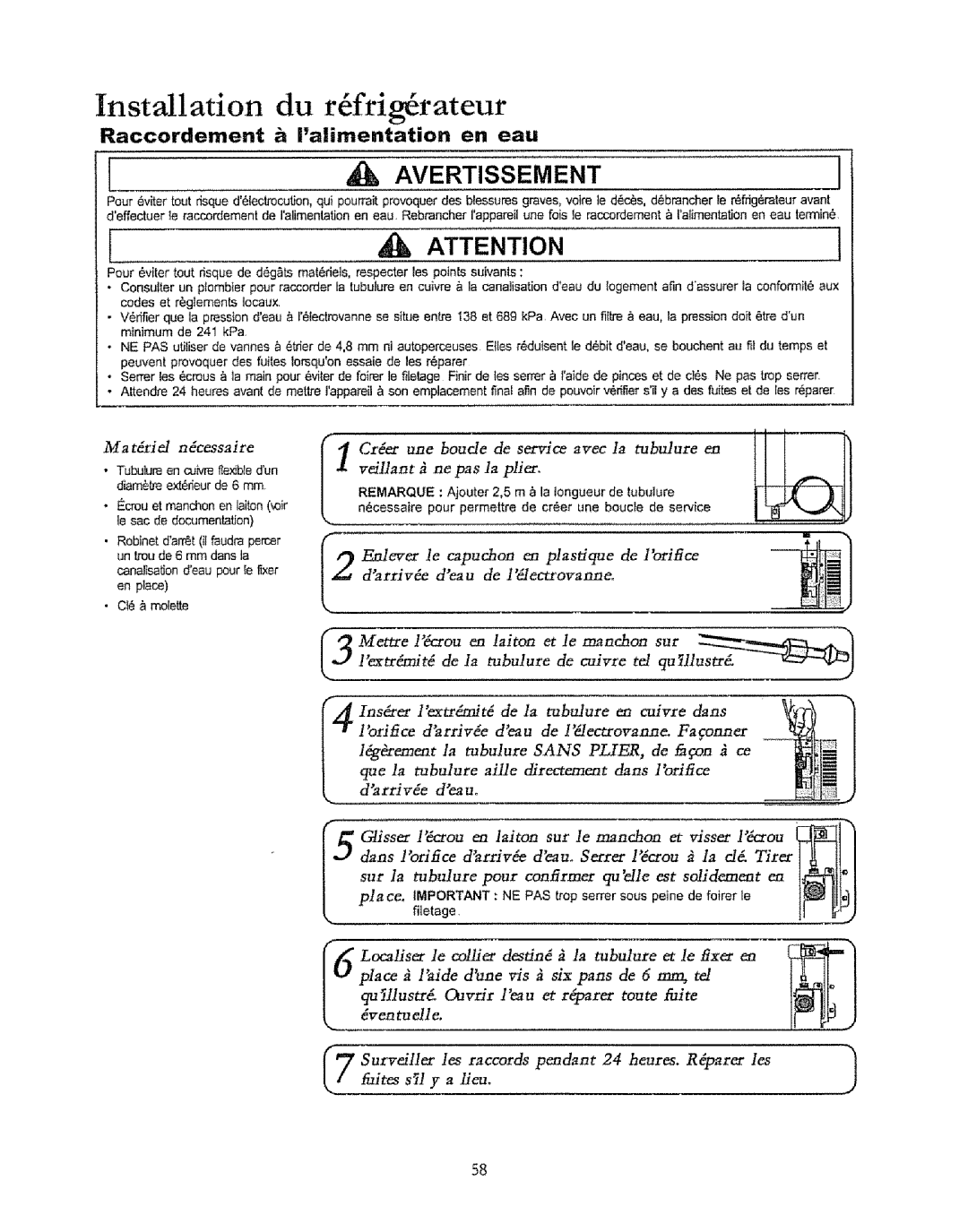 Kenmore 596.50019100 manual Installation du rfifrigfirateur, Raccordement a Ialimentation en eau 