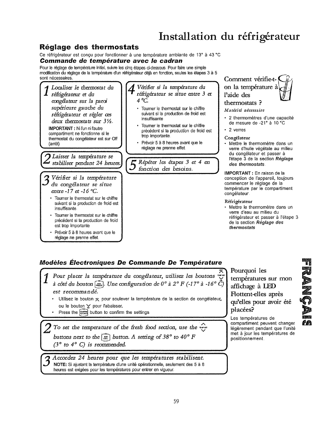 Kenmore 596.50019100 manual Reglage des thermostats, Comment vfidfie-t, On la terntxramre &ij Laide des Thermostats ? 