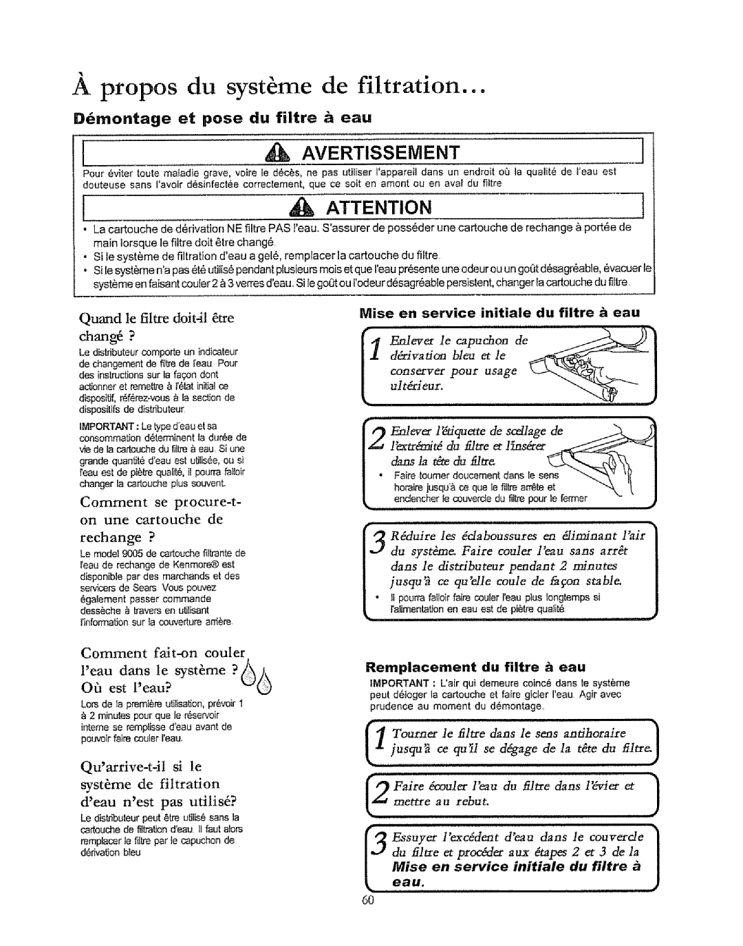 Kenmore 596.50019100 manual Propos du syst me de filtration, Ddmontage et pose du filtre a eau 