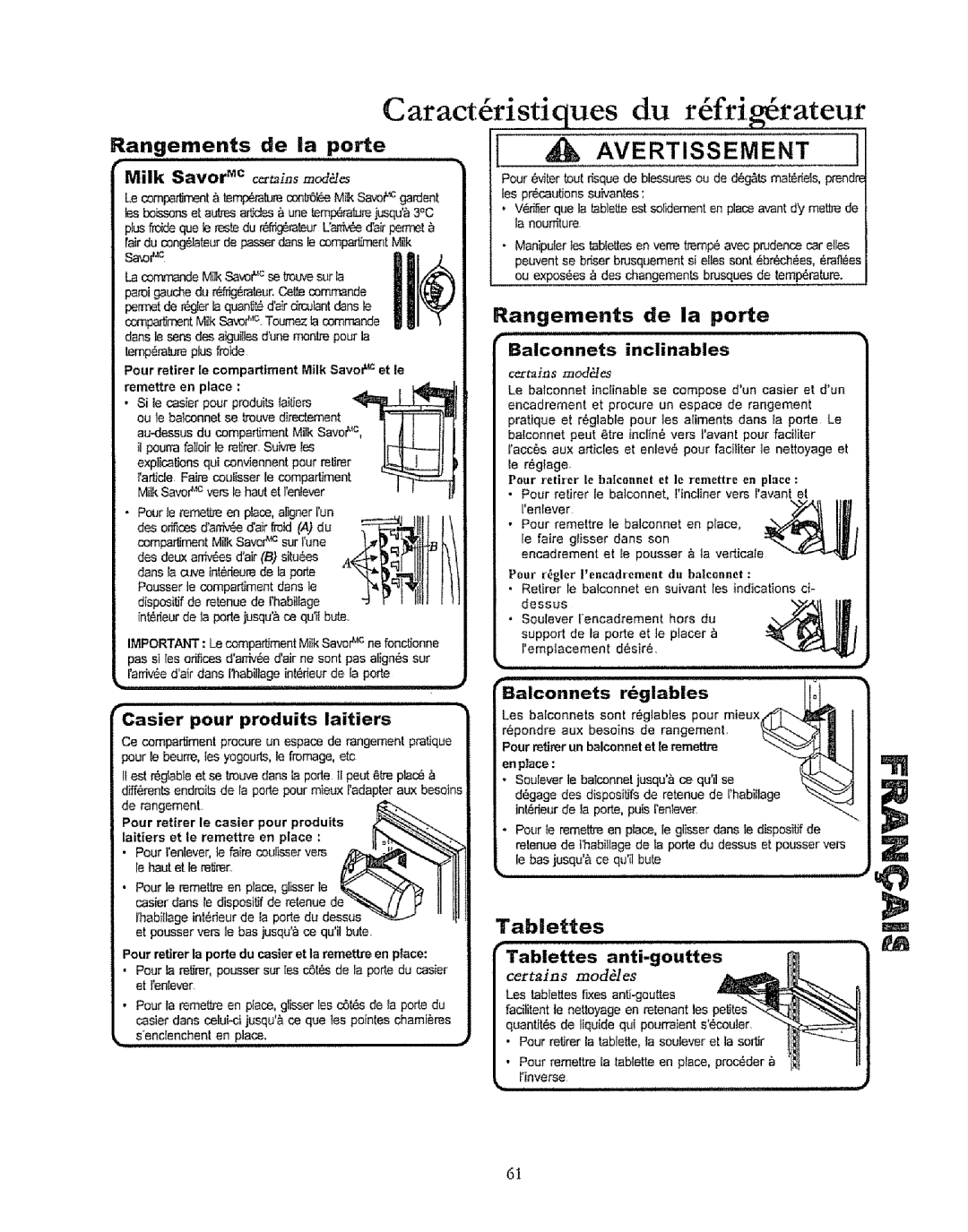 Kenmore 596.50019100 Du rfiffig rateur, Caract ristiques, An,g,em,ents de ia,,porte, Rangements de la porte, Tablettes 