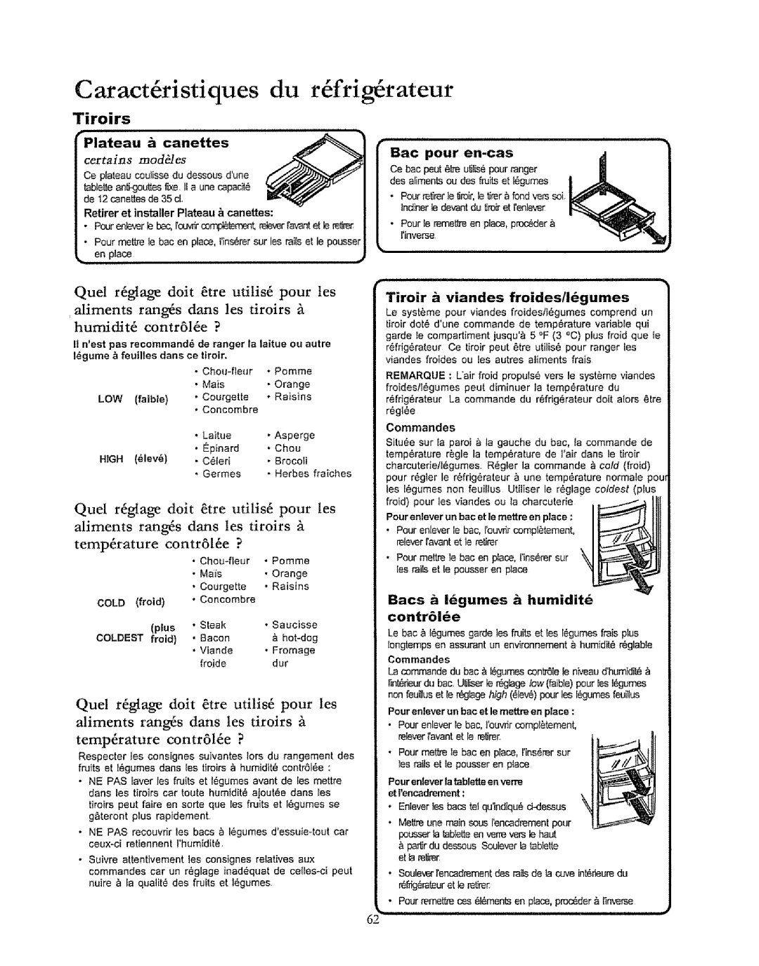 Kenmore 596.50019100 manual Caract&istiques du r frig rateur, Tiroirs, Canettes, Tiroir a viandes froides/ldgumes 