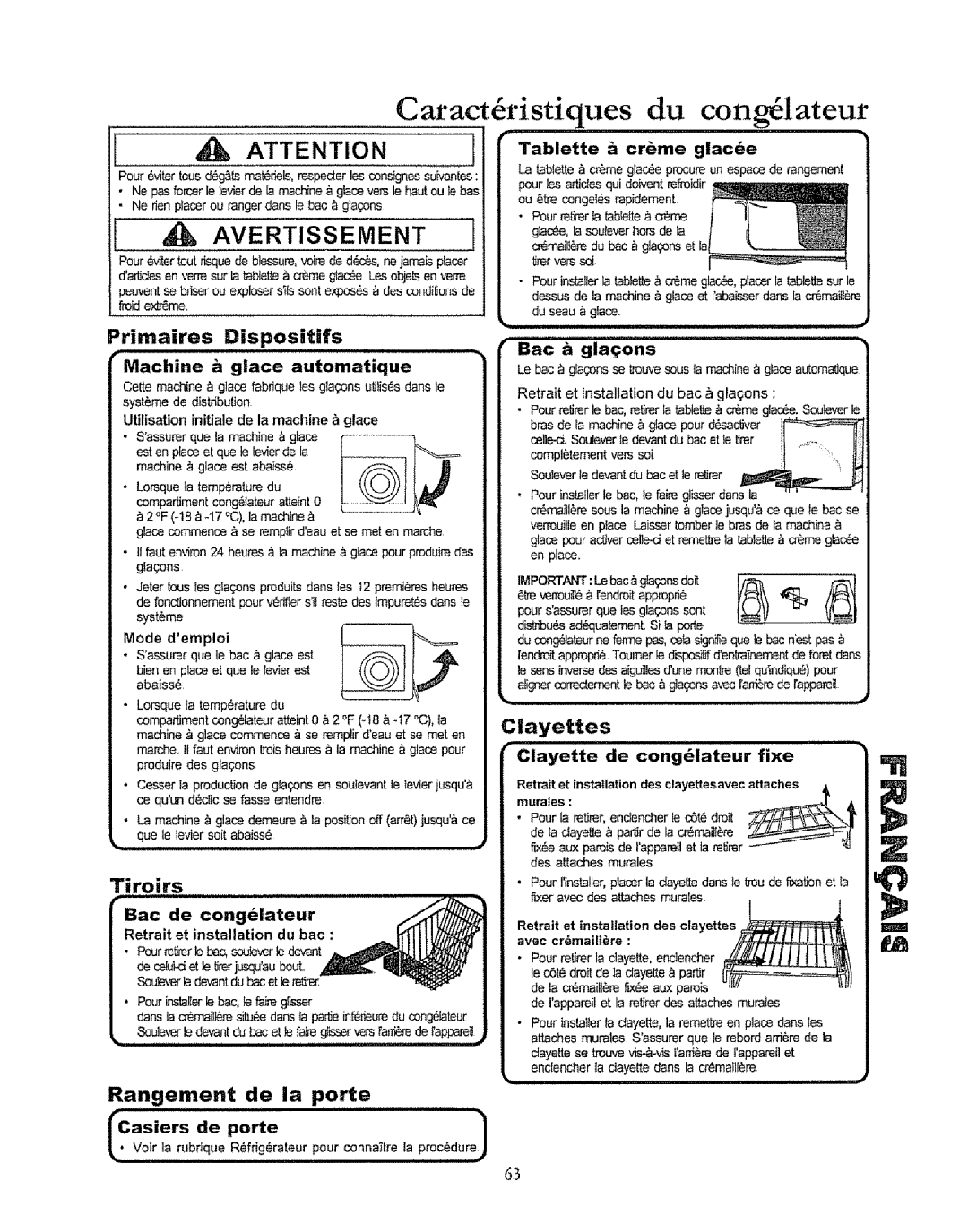 Kenmore 596.50019100 manual Carac t ristiques du cong lateur, Primaires Dispositifs, Rangement de la porte, Cllayettes 