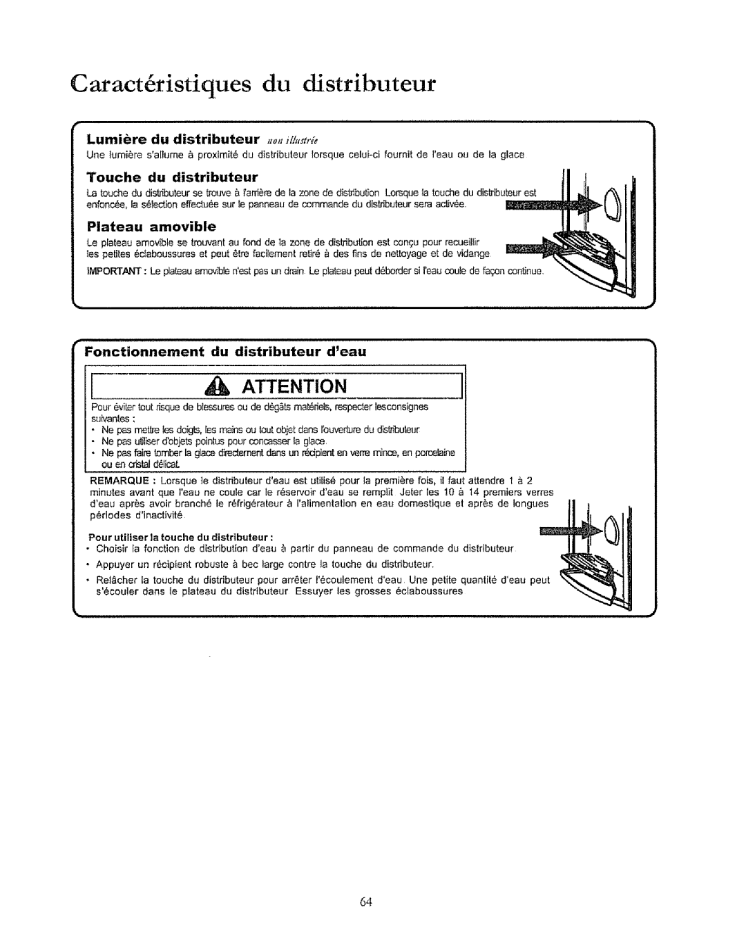 Kenmore 596.50019100 manual Caract ristiques, Lumiere du distributeur o,tJz, Touche du distributeur, Plateau amovible 