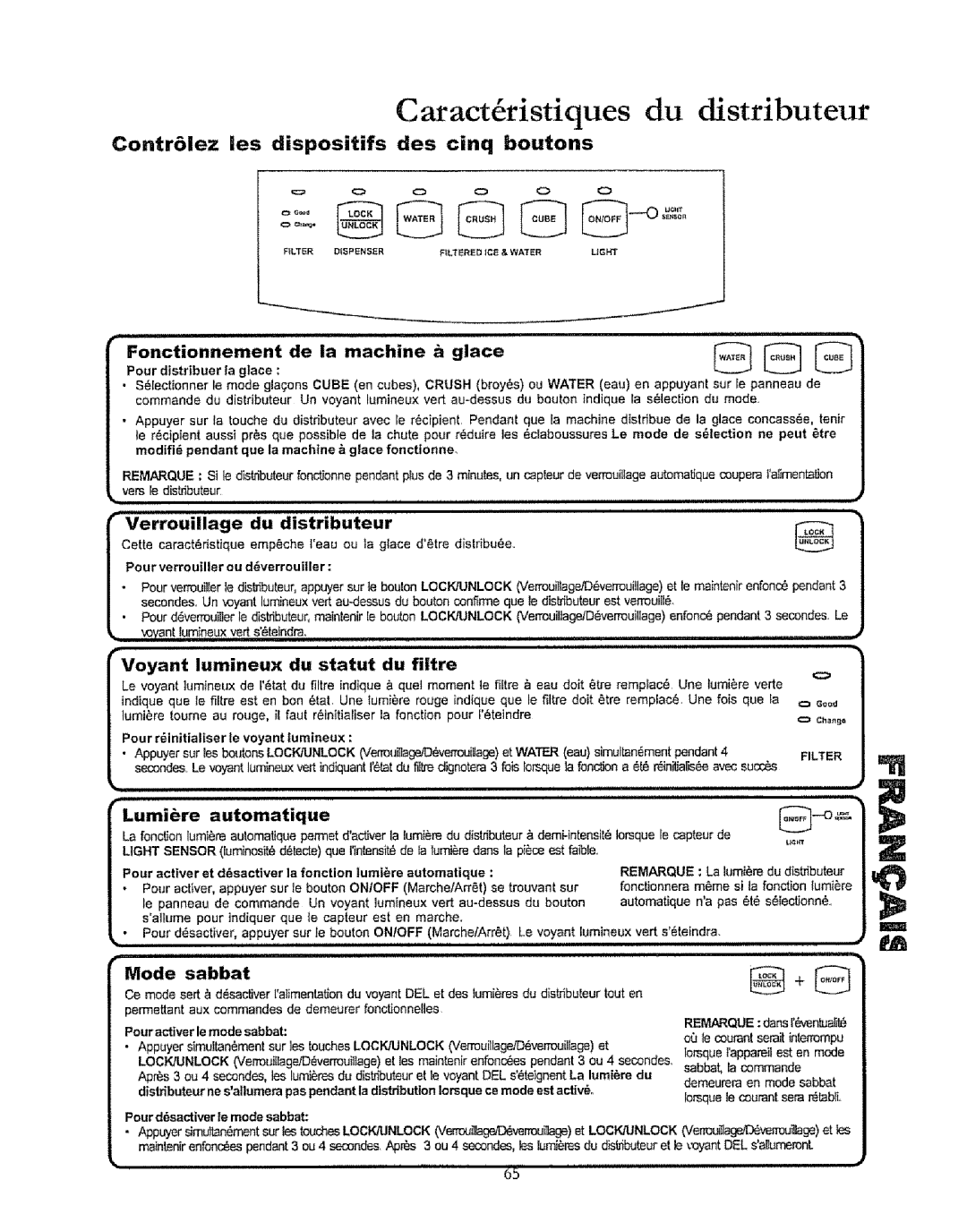 Kenmore 596.50019100 manual Caractfiristiques du distributeur, Contr61ez les dispositifs des cinq boutons 