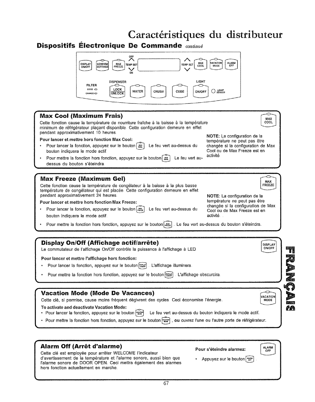 Kenmore 596.50019100 manual Dispositifs lectronique De Commande conu, Max Cool Maximum Frais, Max Freeze Maximum Gel 