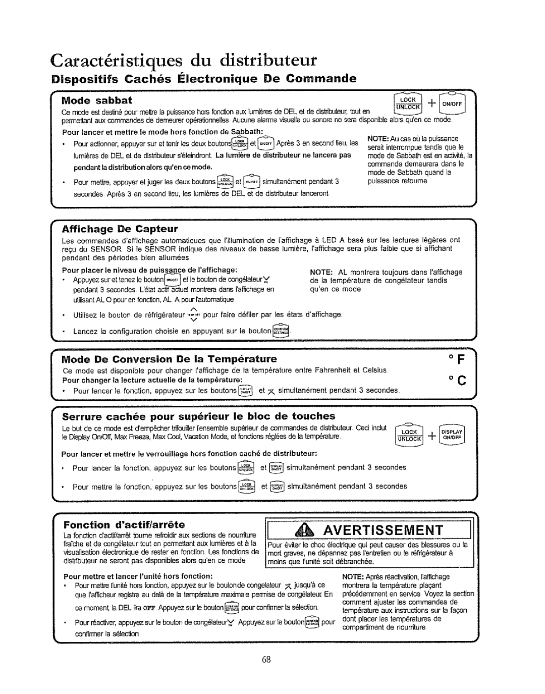 Kenmore 596.50019100 Caract ristiques Du distributeur, Dispositifs Caches IElectronique De Commande, Affichage De Capteur 