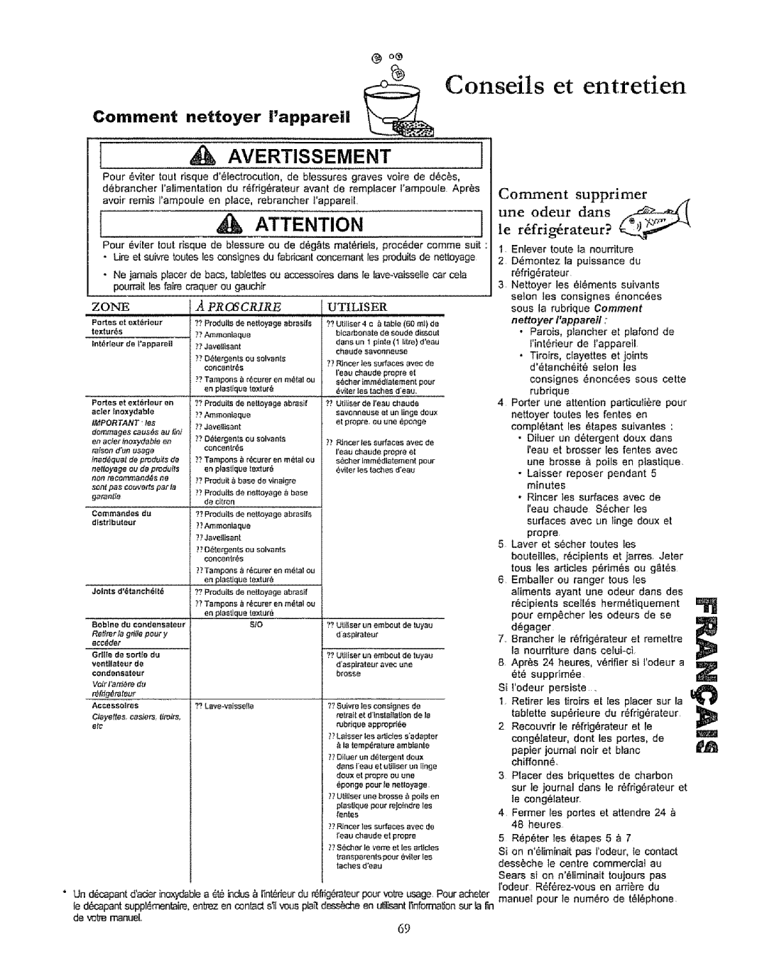 Kenmore 596.50019100 manual Et entretien, Comment Nettoyer Lappareil, Comment supprimer, Une odeur dens Le rfrigrateur? 