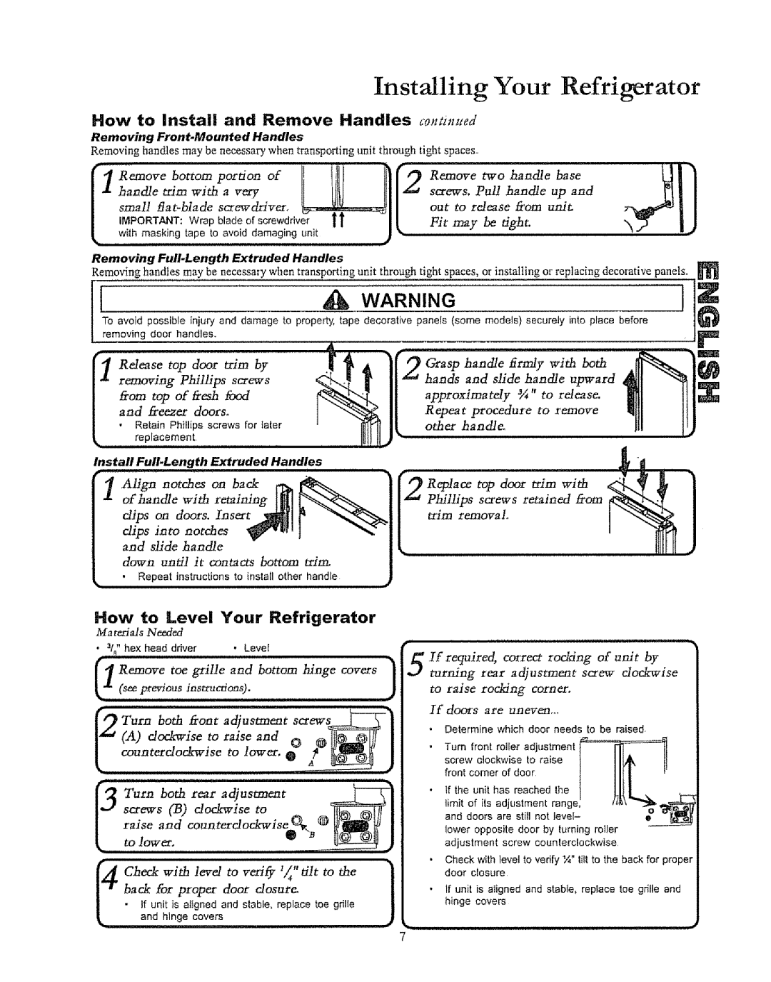 Kenmore 596.50019100 Ffa, Installing Your Refrigerator, How to Install and Remove Handles, How to Level Your Refrigerator 